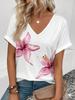 Floral Print V-Neck T-Shirt, Rolled Short Sleeve Casual Top For Women