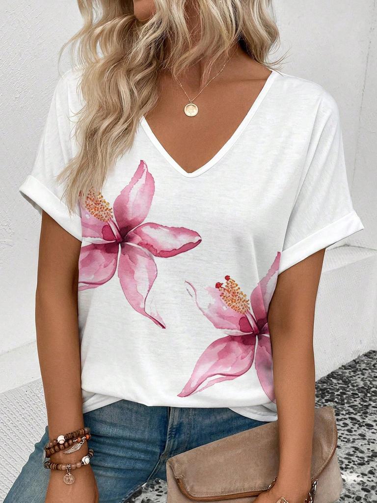 Floral Print V-Neck T-Shirt, Rolled Short Sleeve Casual Top For Women