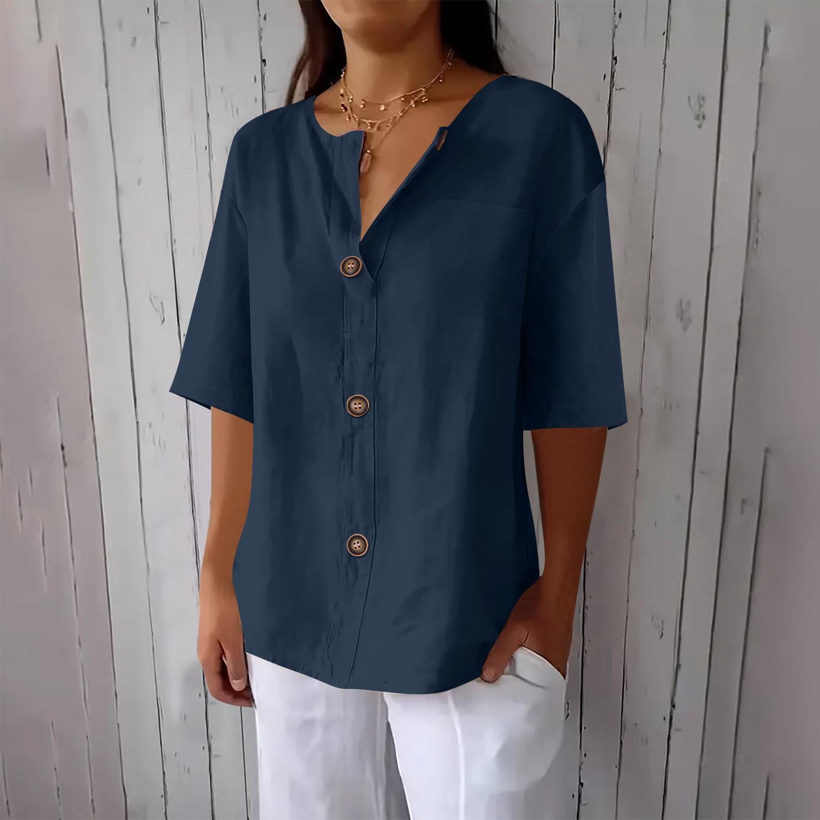 

Жіноча модна повсякденна бавовняна блузка з V-подібним вирізом, ґудзиками та рукавом три чверті L Темно-синій