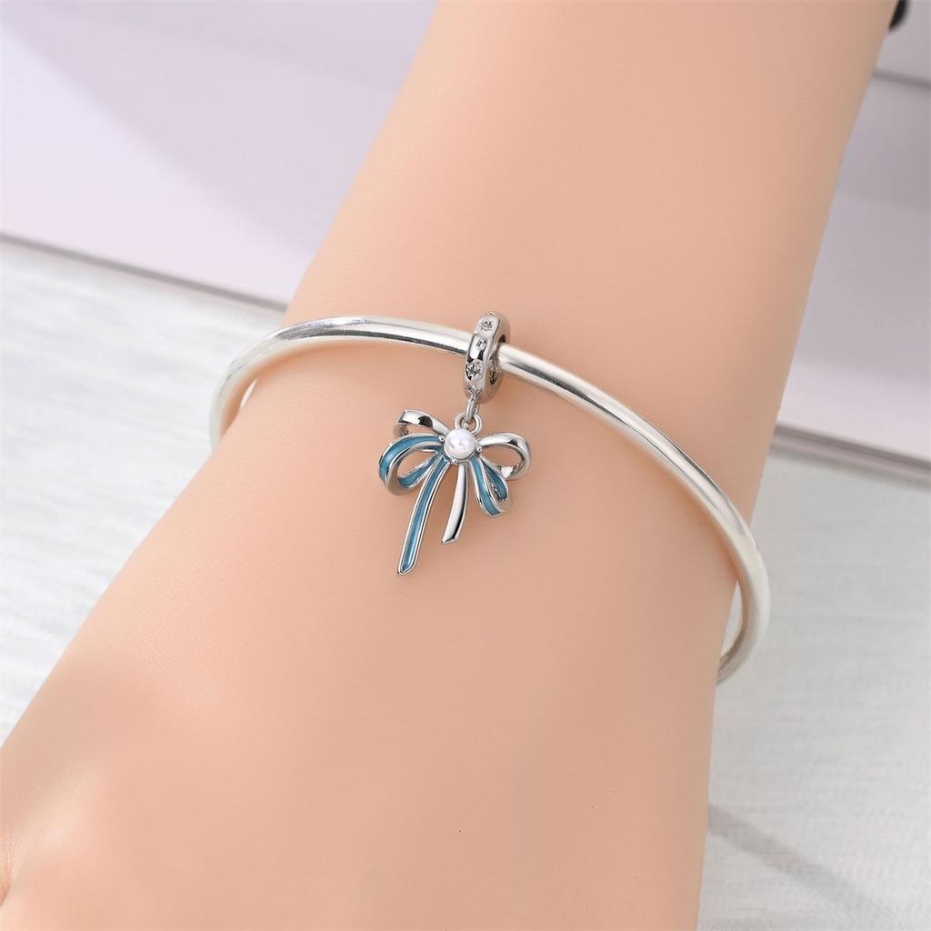 Charms Original Copper Blue Bow Pendant Beads Fit Bracelet Diy Fine Gift Women Delicate Jewelry Accessory