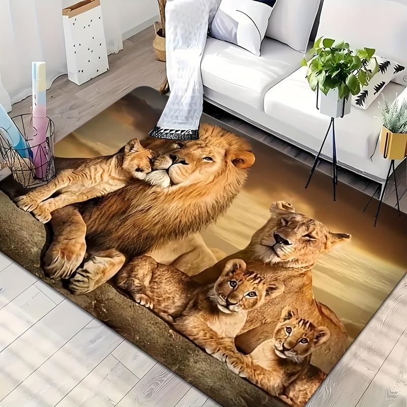 Lion King Pattern Flannel Doormat 3D Animal Family Floor Mat Soft Anti-slip Carpet for Living Room Bedroom Kids Room Decor