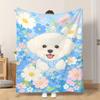 Fflannel Blanket 1pc Fluffy Dog Surrounded Flowers Soft Comfortable and Warm This Nap Blanket/sofa Blanket Is Suitable for All Sea