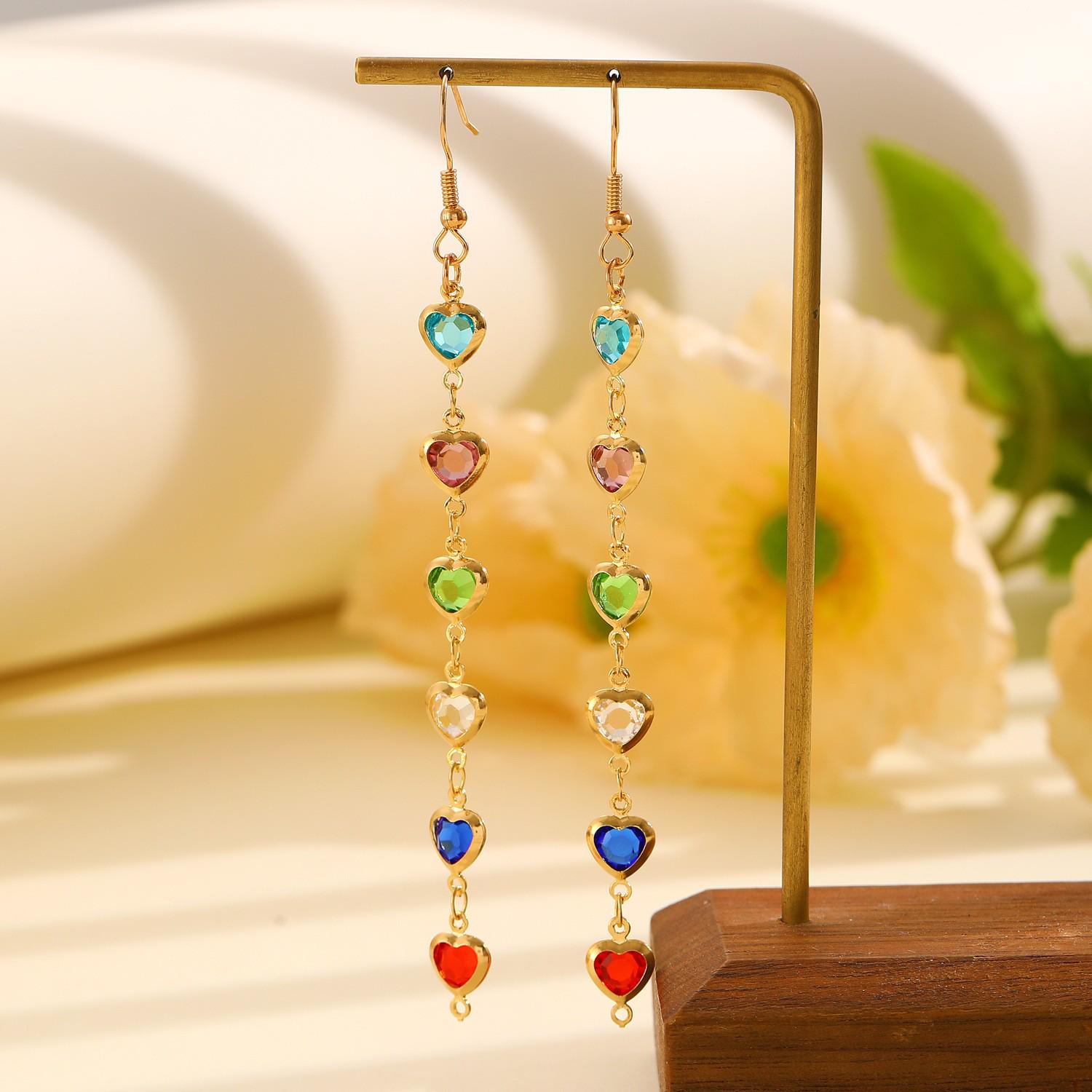 Elegant Water Drop Heart Tassel Earrings with Colorful Diamonds - Luxury Long Earrings for Women
