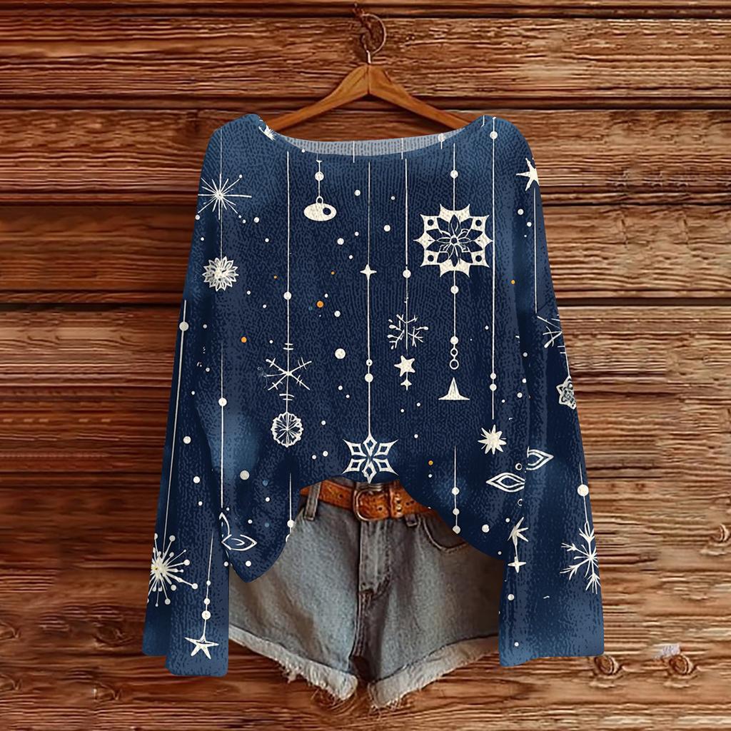 Women's Fashion Christmas Print Lightweight Sweater Casual Long-Sleeve Knit Pullover Top