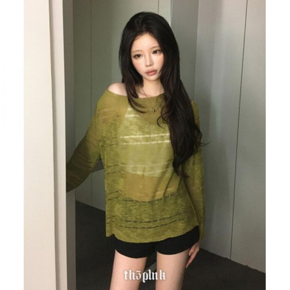 The Pink Women Helru Loose Fit Boat Neck Sheer Long Sleeve Knit