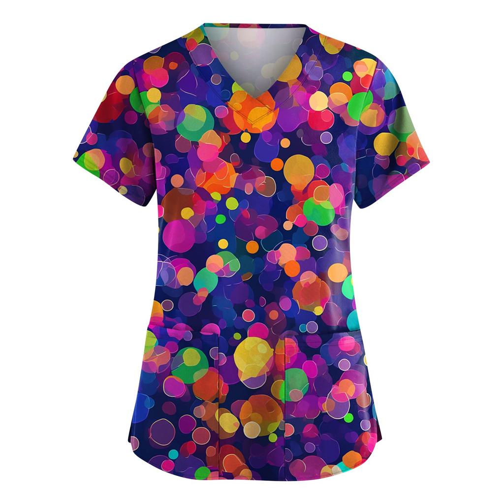 Women's Fashion V-Neck Short-Sleeved Workwear With Pockets Carnival Print Top Caregiver Uniform