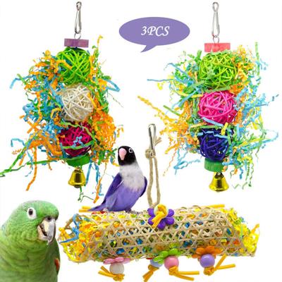 3 Stück Vogel-Kauspielzeug mit Stahlhaken zum Aufhängen, gebürstetes Rattan, Selbstbeschäftigungsspielzeug, Vogelkäfig-Zubehör