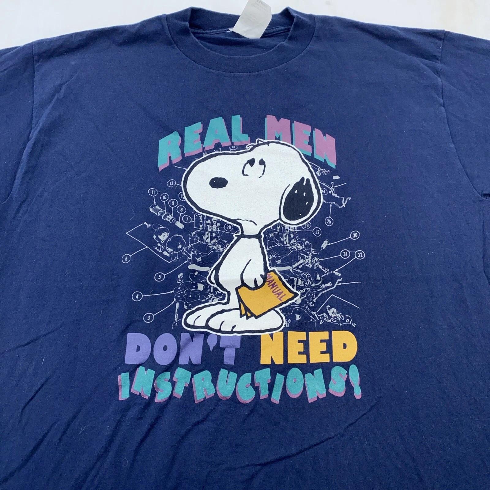 vtg 90s SNOOPY REAL MEN DON’T NEED INSTRUCTIONS T-Shirt L/XL dad joke peanuts L
