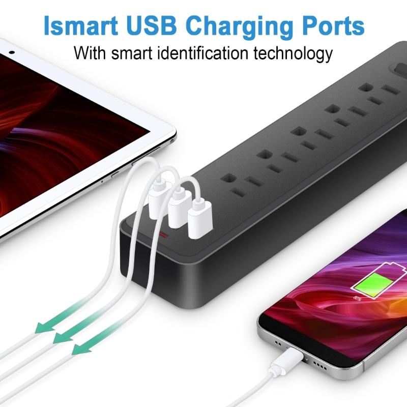 8 in 1 Power Strip Surge Protector US Plug Wall Outlet Adapter with 5pcs Widely-Spaced AC-Outlets & 3x USB Ports