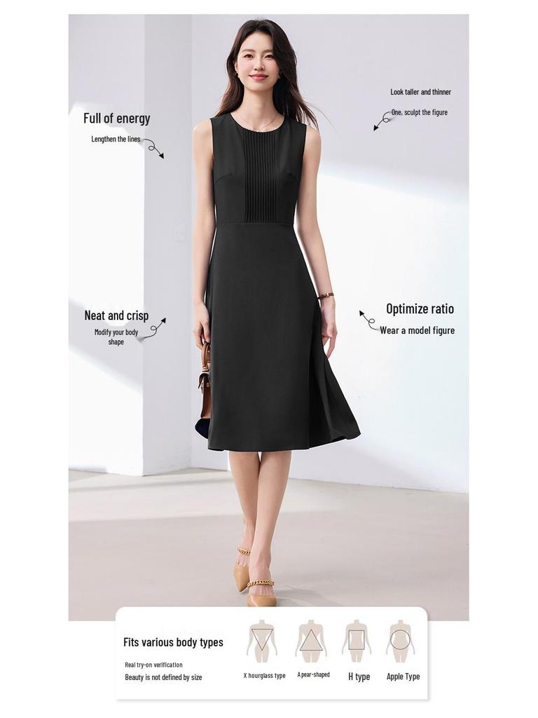 Black Sleeveless Cinched Waist Mid-Length Hepburn Style Dress