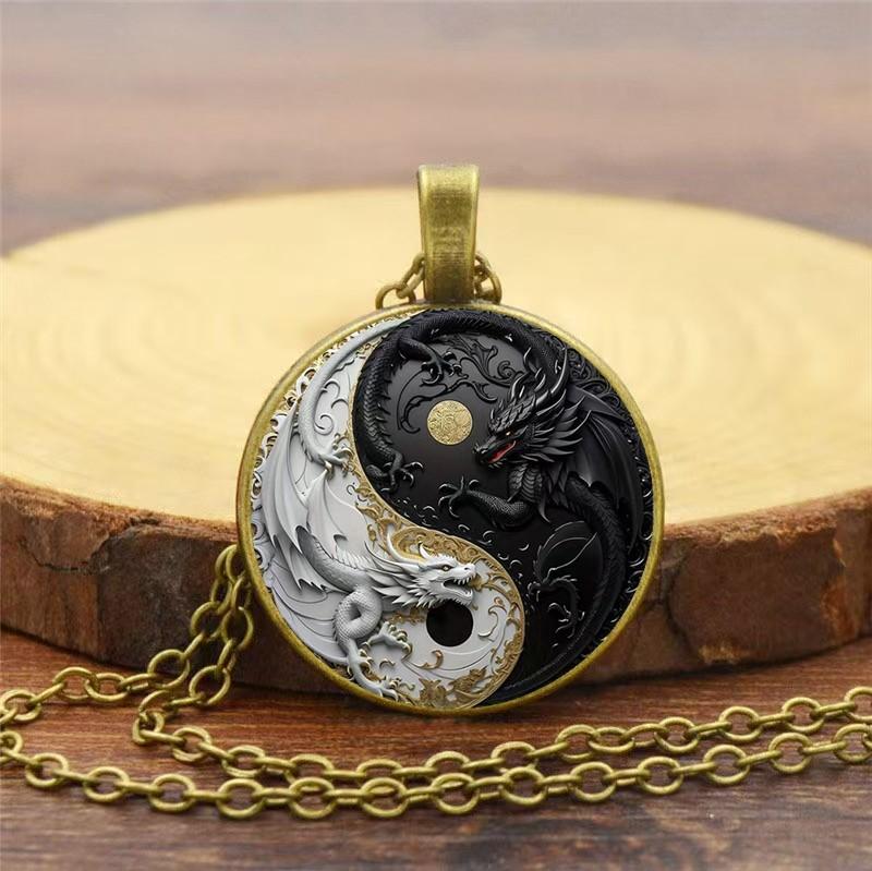 Retro Yin Yang Dragon Design Glass Pendant Necklace for Men Women Jewelry Accessories Birthday Gift