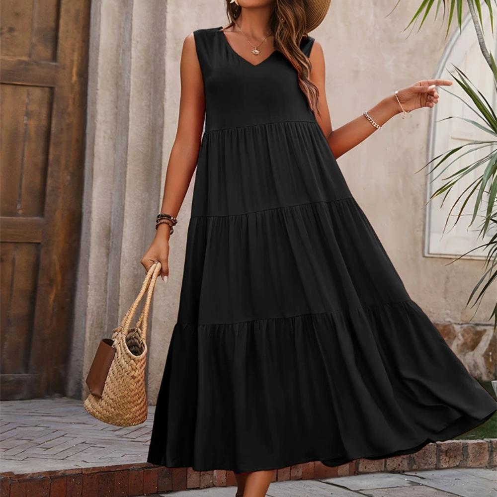 Women's Fashion Summer Spring Dress Loose Sleeveless V-Neck Dress Casual Dresses Soild Color Long Dress