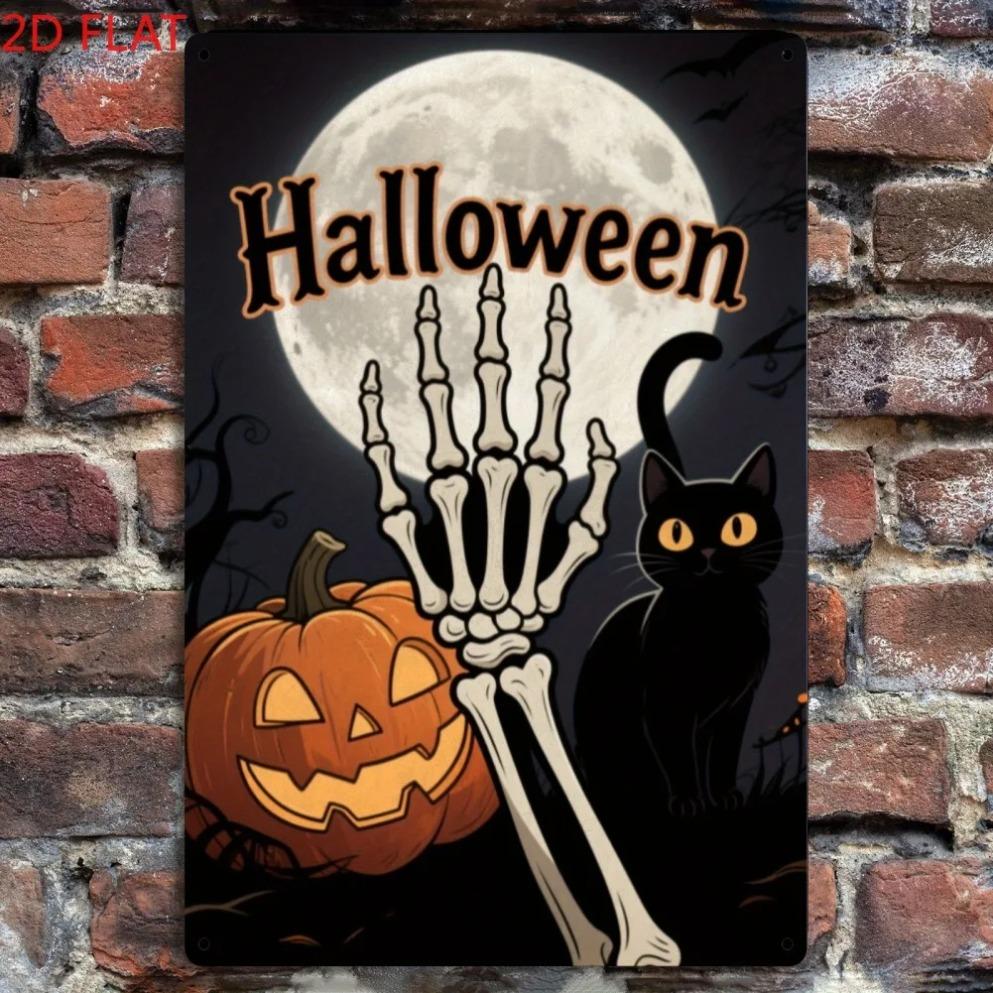 1pc 2D Flat Vintage Halloween Iron Sign - Skeleton/Black Cat/Pumpkin Decor, Ideal for Living Room/Garden/Indoor-Outdoor