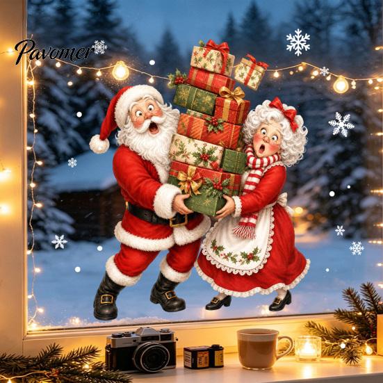 Christmas Gifts for Friends Window Stickers, Static Cling Santa Claus Snowman Reindeer Decals, Cute Animal Art Holiday Glass Clings Home Storefront
