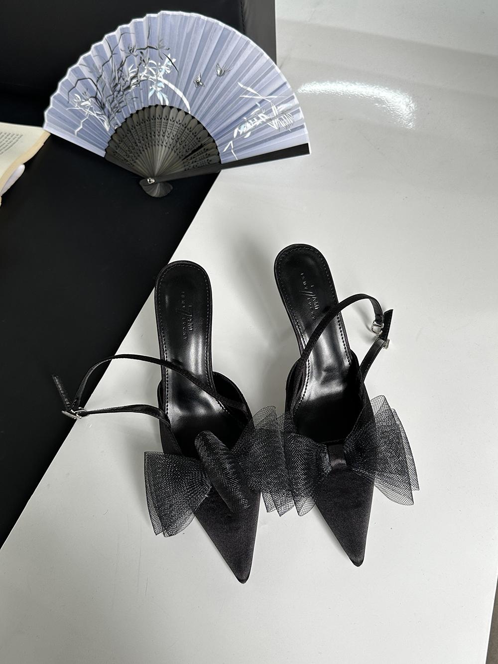 

Модні сексуальні жіночі босоніжки Літні туфлі з гострим носком Чорно-білі сріблясті ремінці на спині Бант Дизайн Розмір 35-39 Тонкі босоніжки на високих підборах 7.5 чорний