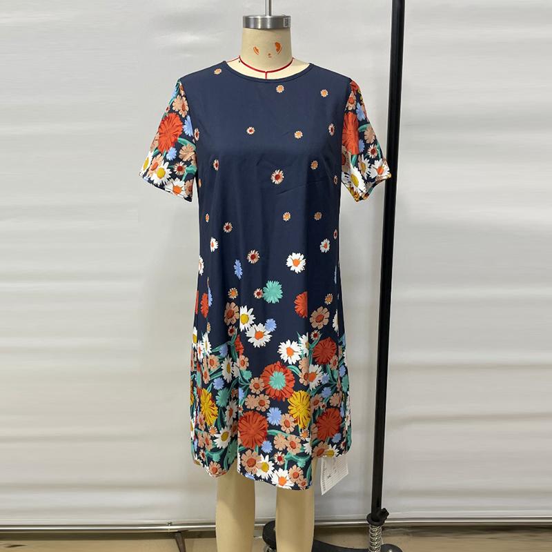 Fashion Short Sleeve Printed Loose Women's Dresses Summer Round Neck Elegant A Line Casual Floral Dress Ladies Vintage Slim Fit Female Dress 26176