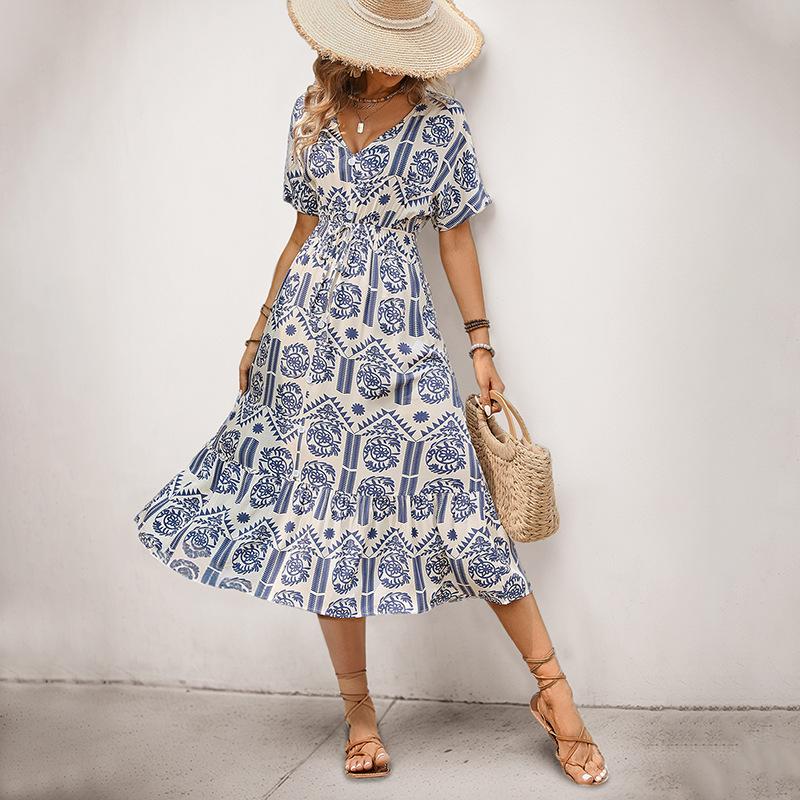 2025 Summer Ethnic Print V-Neck Short Sleeve Dress