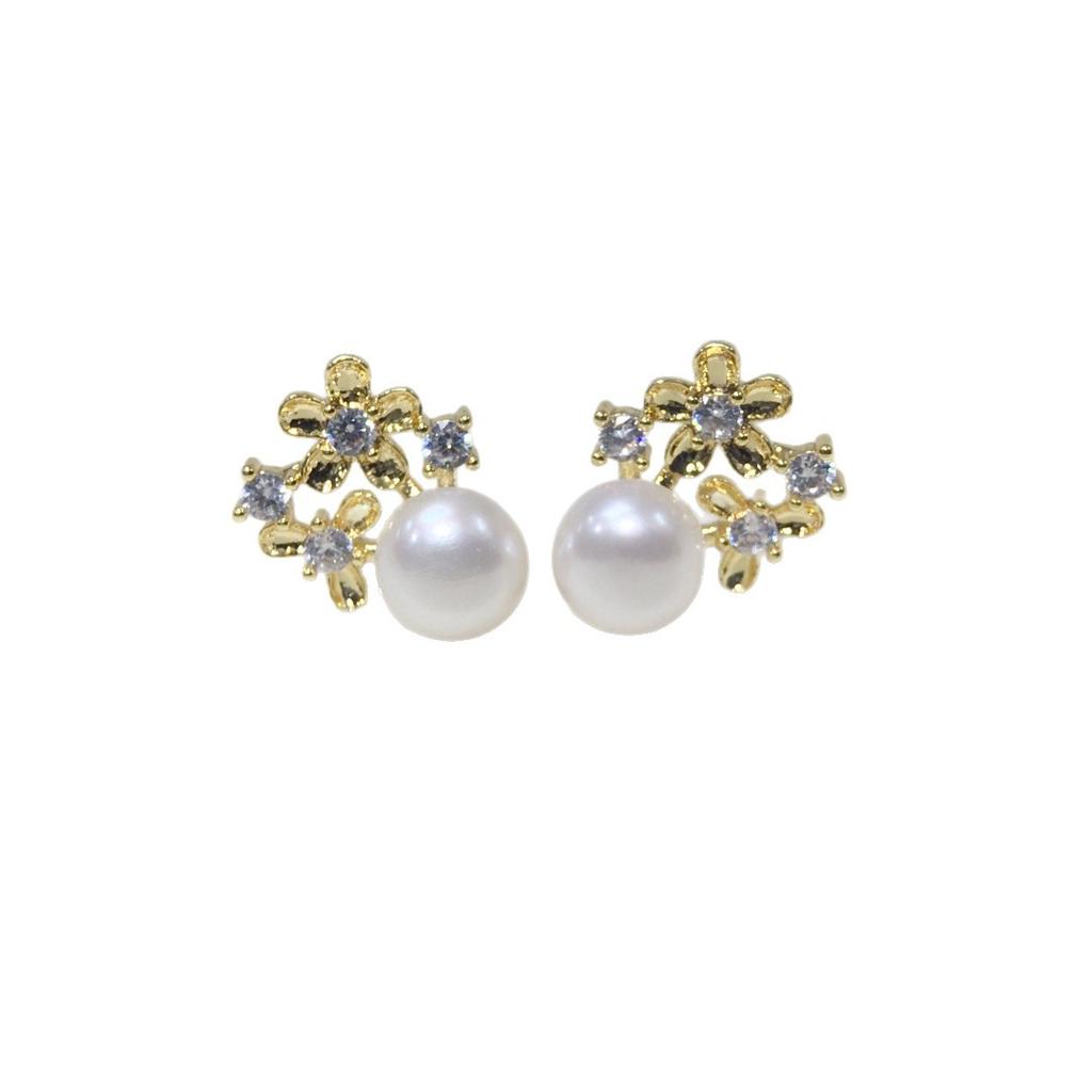 Natural Freshwater Pearl Earrings, Exquisite Small Flowers with Micro Inlaid Zirconia, Fashionable Women's Pearl Earrings for Zhuji