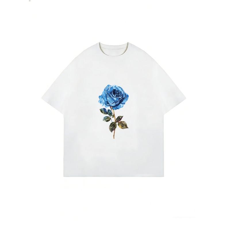 White Short Sleeve T Shirt With Blue Rose Print For Casual Wear