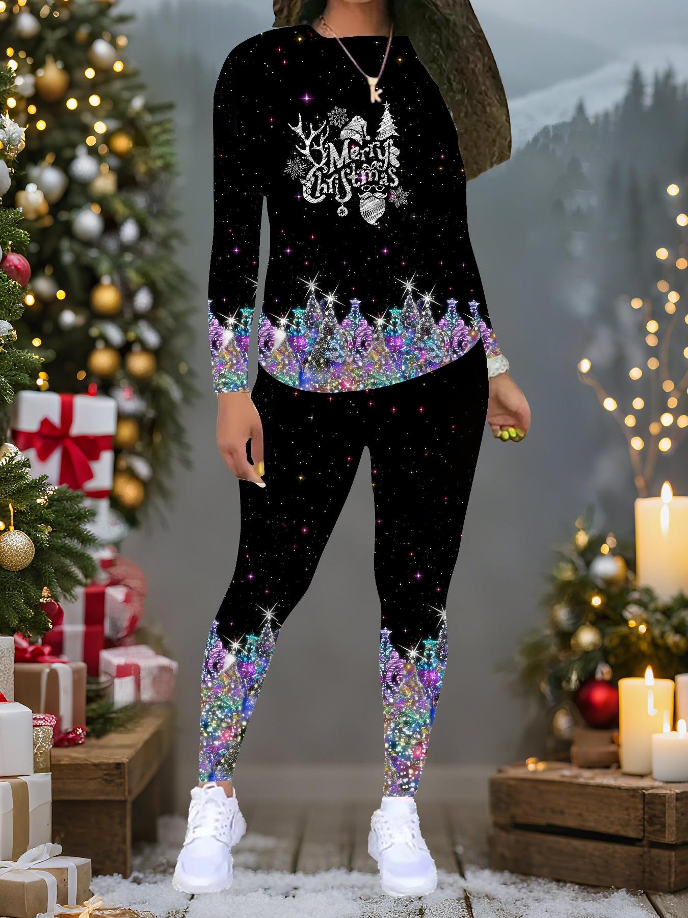 

Женский рождественский костюм-двойка с принтом: Топ с длинным рукавом и круглым вырезом и брюки, праздничный лимитированный повседневный костюм для вечеринки в подарок S чёрный