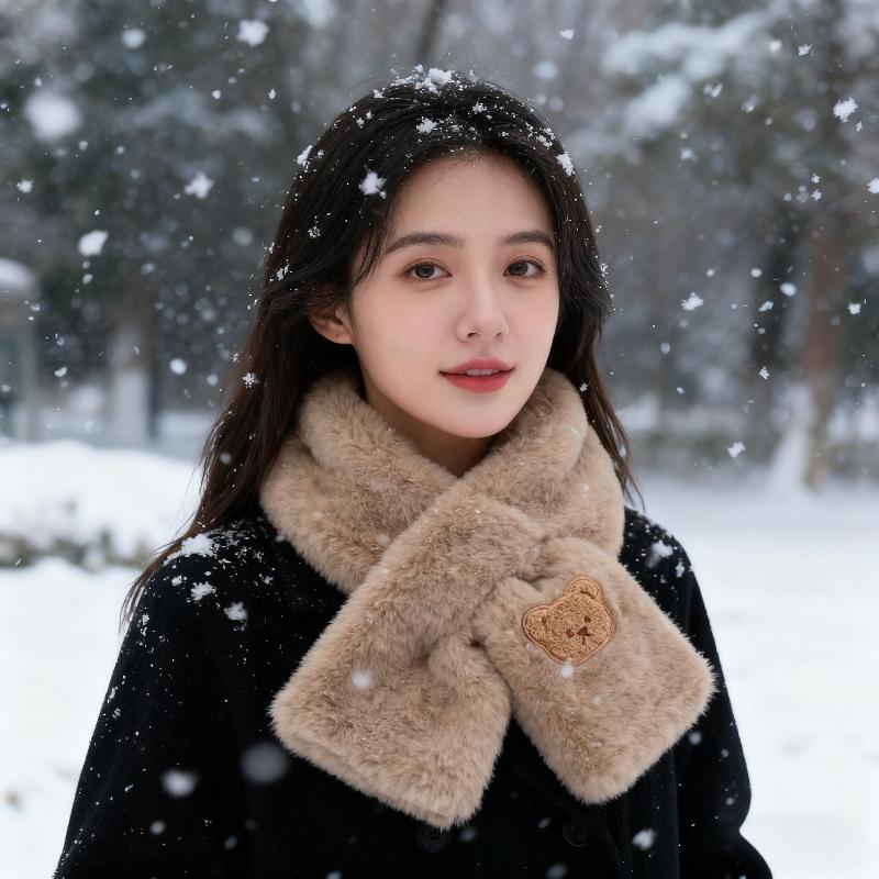 Elegant Faux Rabbit Fur Winter Warm Neck Warmer Cross Scarf Solid Color Neckerchief For Women Cute Little Bear Plush Scarf