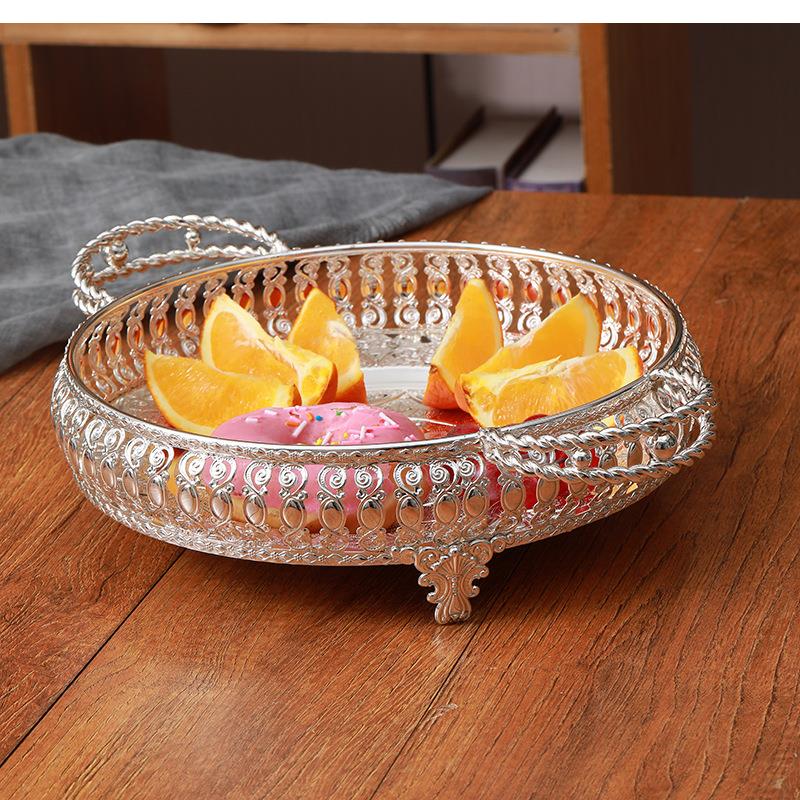 Silver, Circular Fruit Storage Tray, Home Living Room Snack Cake Box, Food Tray with Handle, Metal, Decorative