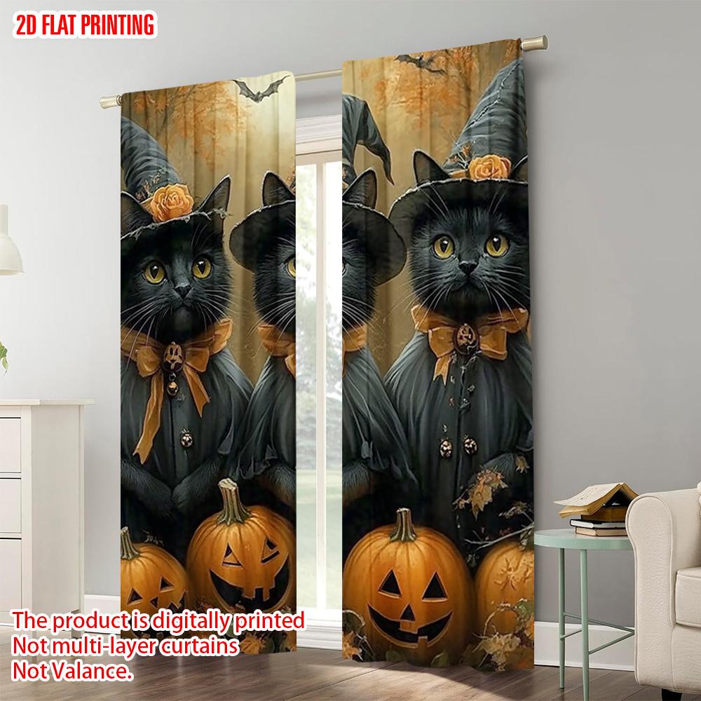 2pcs  2D plane printing Contemporary Curtains Witch Black Cat and pumpkin themed Durable 100% Polyester Fabric (without rod)