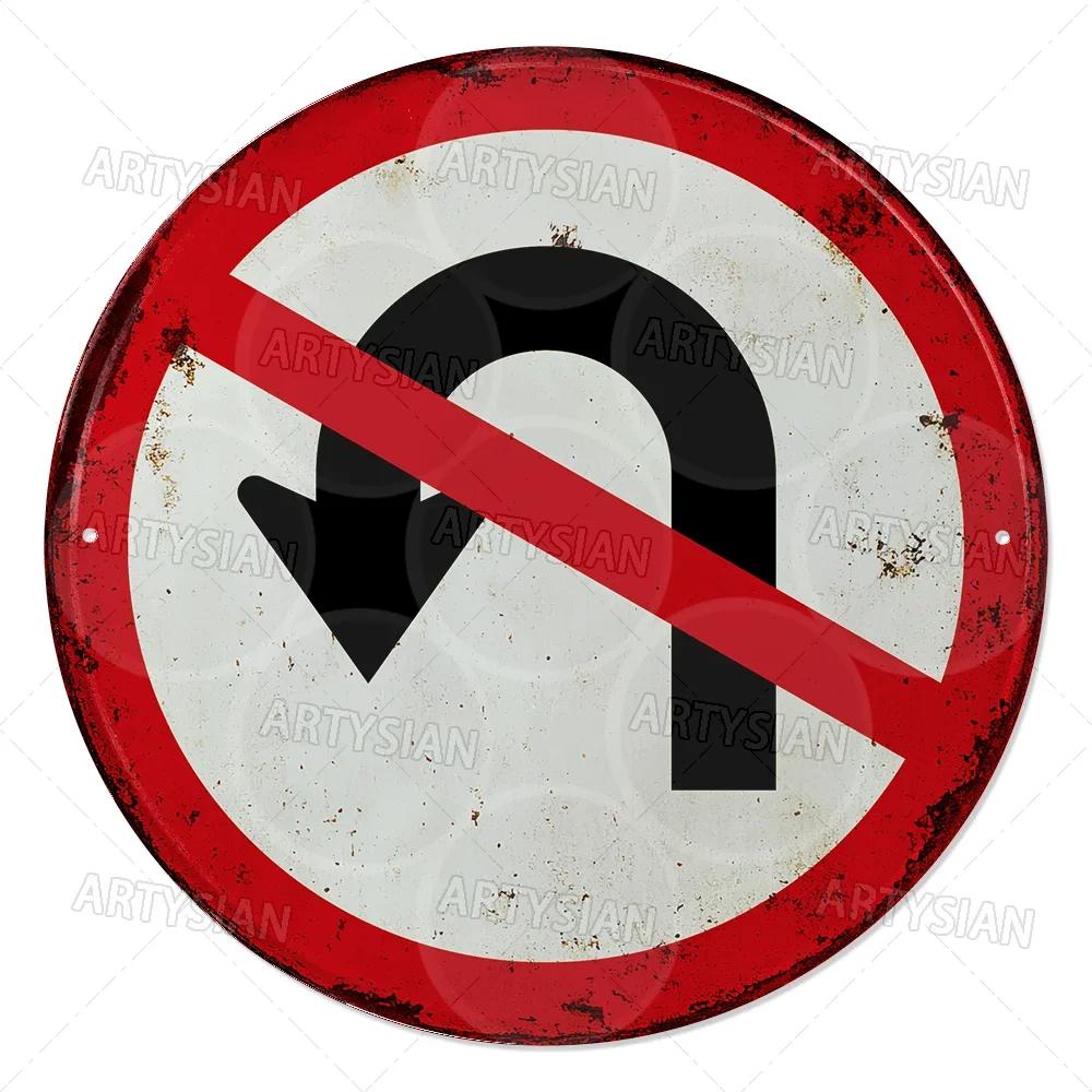 Vintage Retro Traffic Signs Collection HD Print Metal Tin Sign Featuring Unique Circular Warning Prohibition Plates (No C