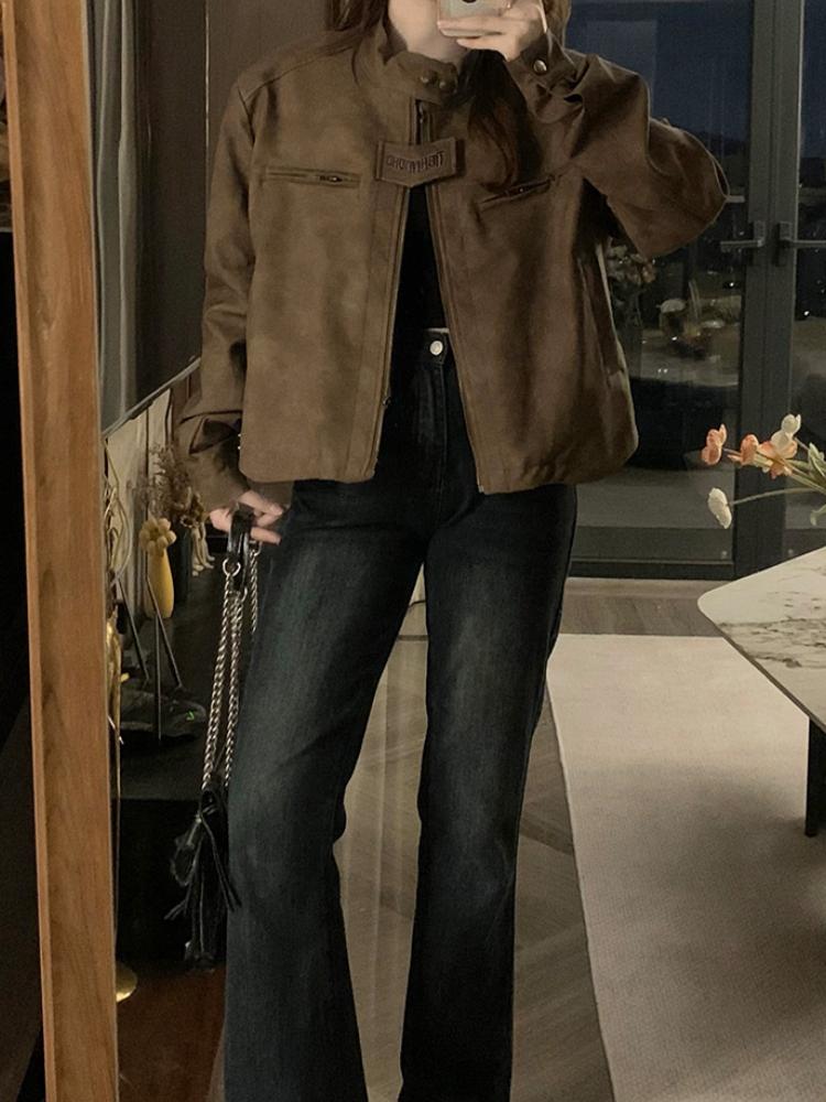 Americká retro hnědá motocyklová kožená bunda Ženy Módní Design Krátká ramenní vycpávka Bunda Grunge Estetický tenký kabát Streetwear