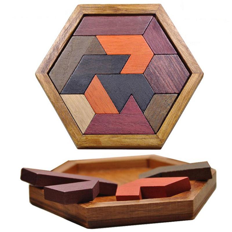 Wooden Hexagonal Puzzles Iq Game Educational Toys For Children Kids Adults Tangram Board Iq Brain Teaser Montessori Toys Gifts
