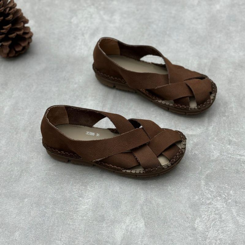 

Johnature плетеные сандалии ручной работы из натуральной кожи с круглым носком и плоской подошвой, универсальная женская обувь из мягкой яловой кожи 40 кофейный