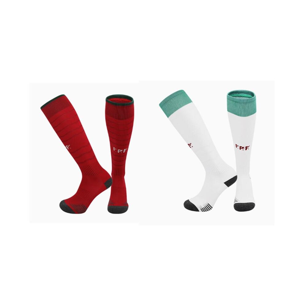 (M, Portugal) 2 Pack Set 2026 World Football Long Socks for Kids Boys Junior Grip Breathable Cushioned Training Activewear Socks- Home and Away