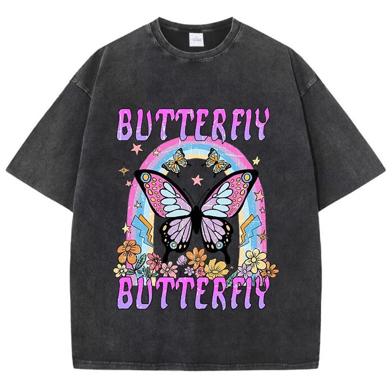 Oversized Women Washed T-Shirts Rainbow And Butterfly Printed Tee Shirts Cotton Oversize Tees Vintage Female Clothes