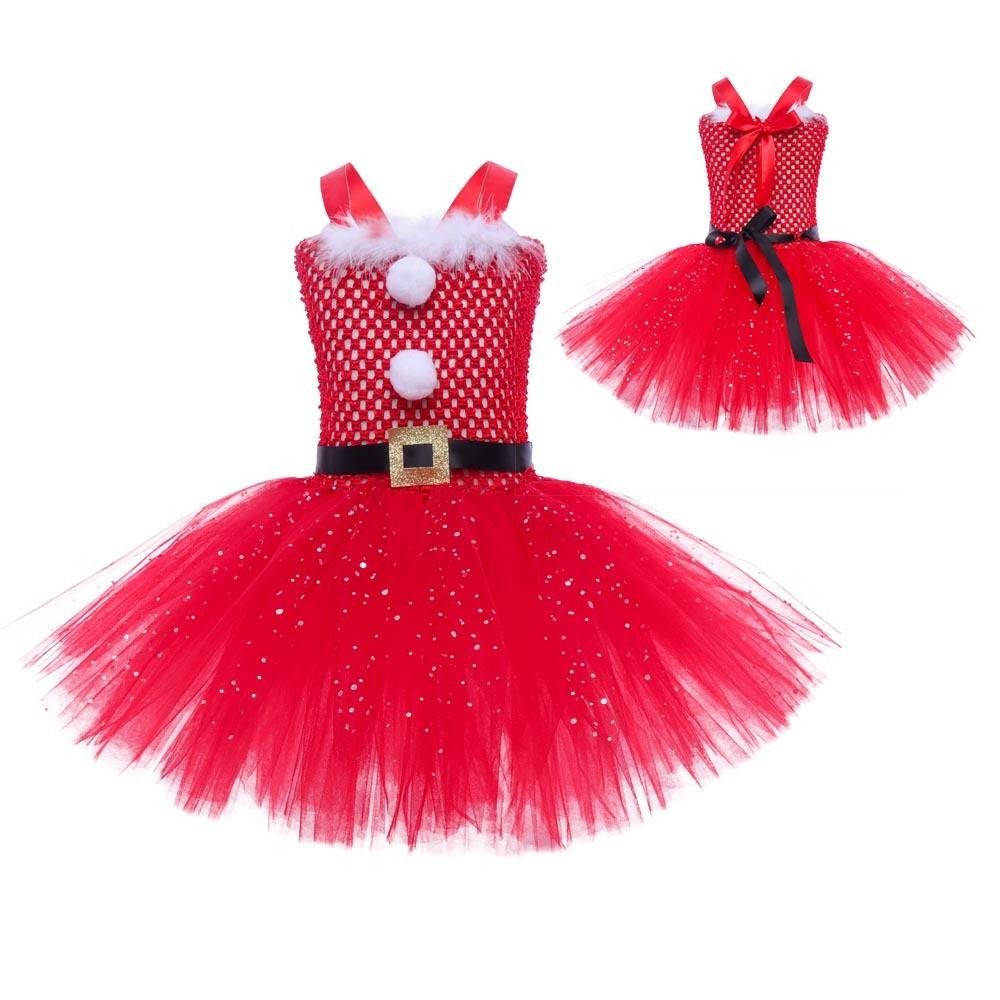 Kids Girls Christmas Santa Claus Mesh Tutu Dress Headwear Set Children Halloween Cosplay Costumes Child Pretend Princess Party Role Play Outfit