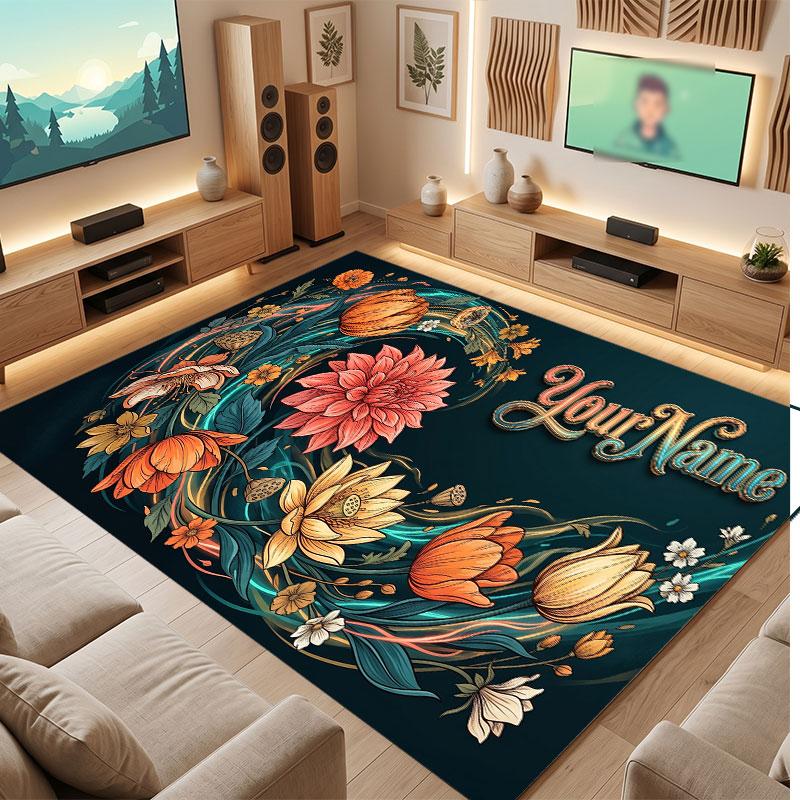 Floral Garden Theme Crystal Velvet Floor Rug Personalized Custom Name Text Warm Carpet Home Decoration