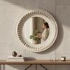 Wooden Carved Round Wall Mirror-Distressed White Finish Mirror, Boho Wall Decor, Indian Accent Mirror for Bedroom or Living Room Home Decor