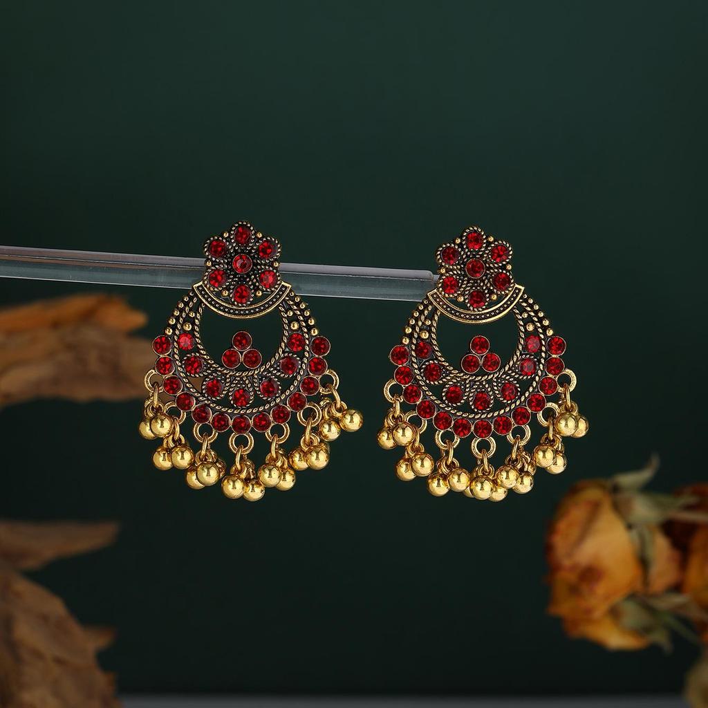 Bohemian Ethnic Rhinestone Tassel Petal Dangle Earrings for Women