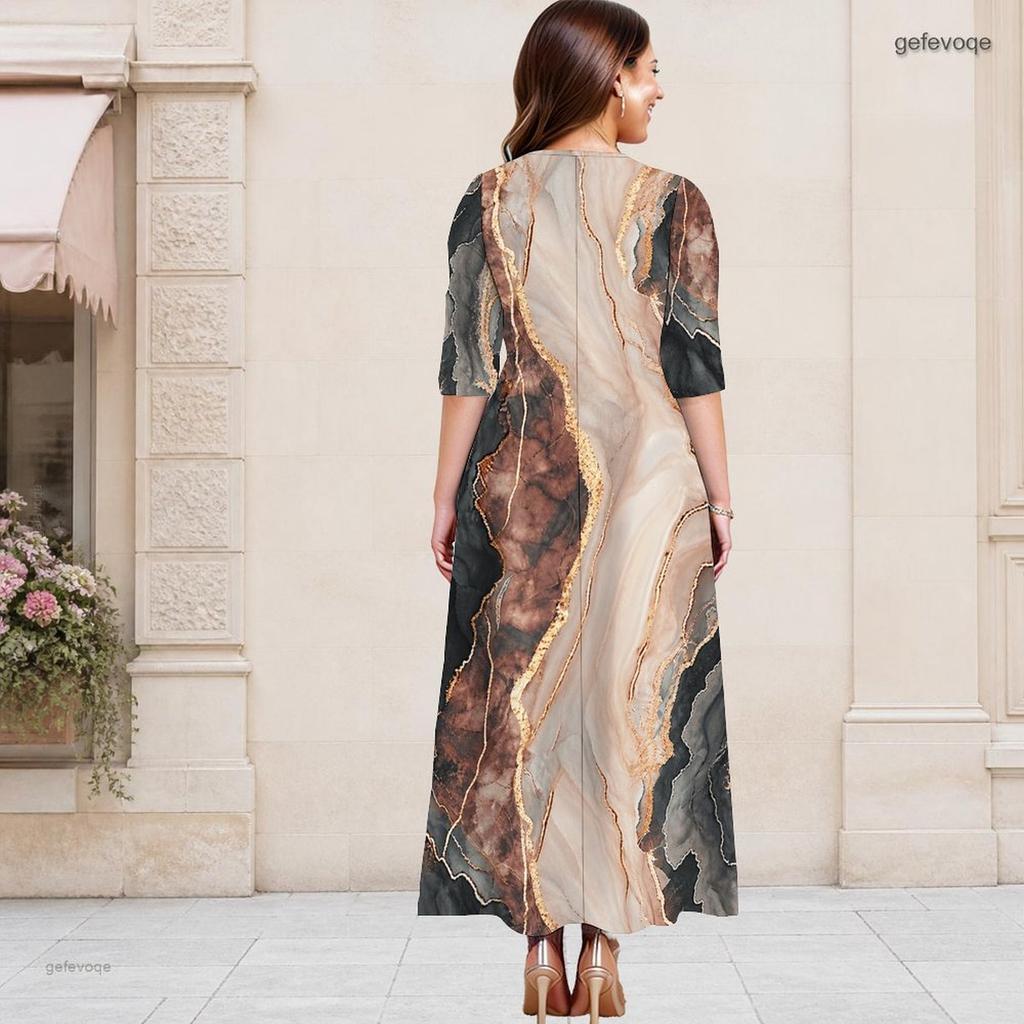 Women Plus Size Keyhole Neck 3 4 Sleeve Blue Green Abstract Print Long Maxi Dress