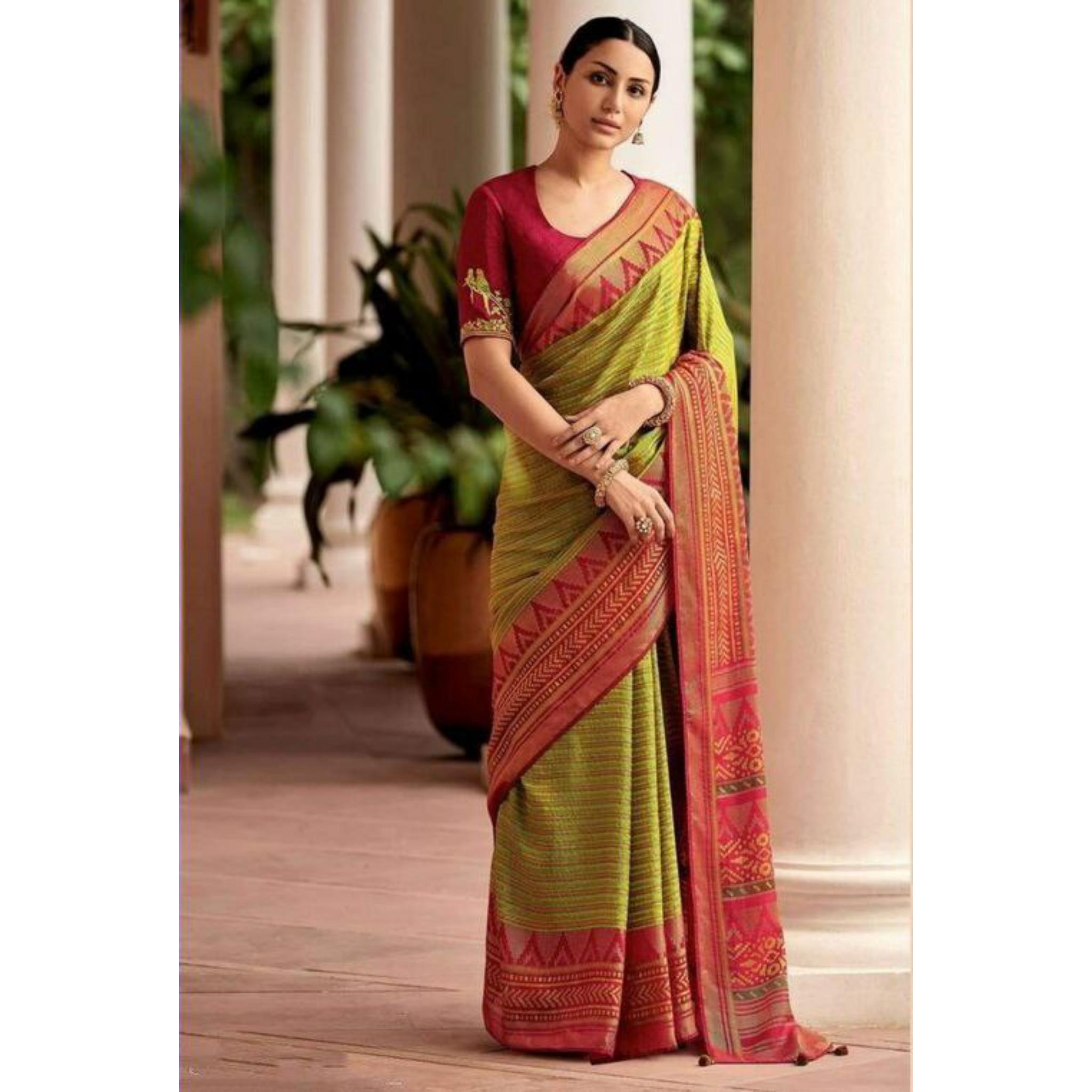 

Индийское традиционное мягкое шелковое сари личи с жаккардовым плетением