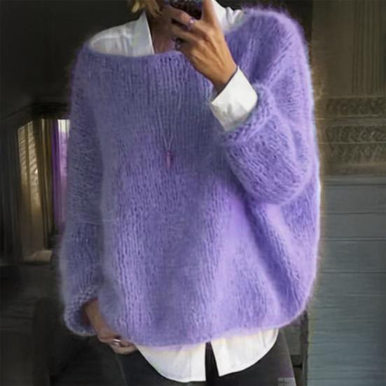 Women Sweater Round Neck Long Sleeve Loose Fit Knitting Tops Breathable Loose Hem Solid Color Knitwear