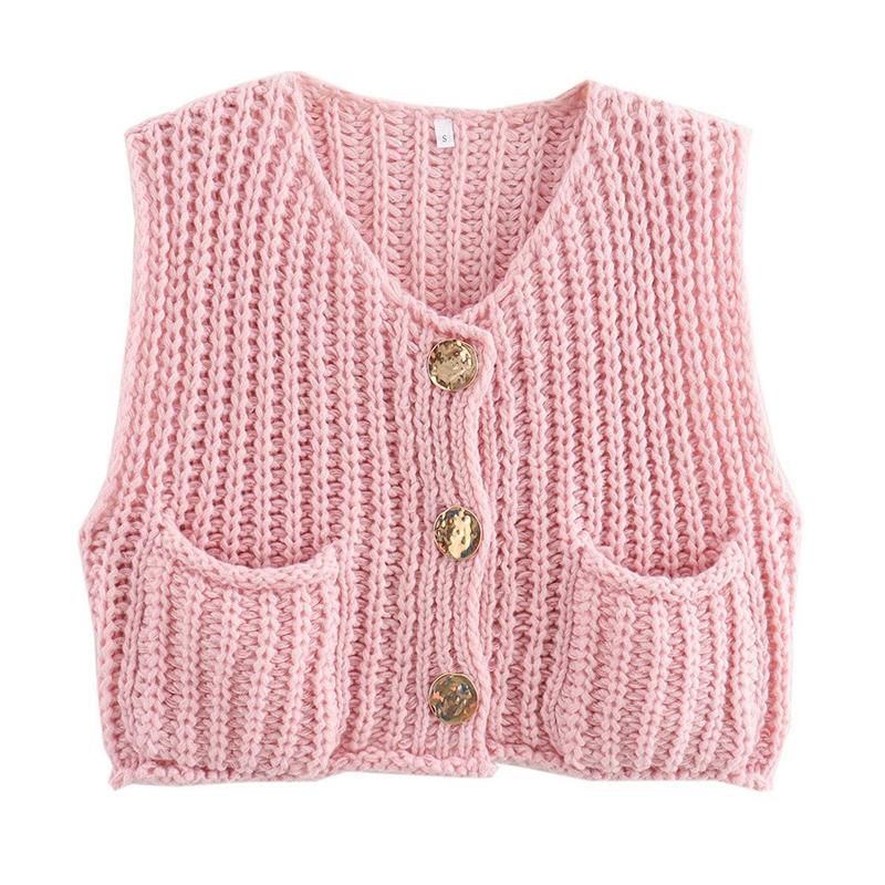 Winter New Women's Clothing Vest Simple Pocket Sleeveless Short Knitted Vest Cardigan Top