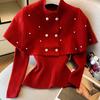 French Long Sleeve Double-Breasted Knit Cardigan Sweater with Shawl – Slimming Two-Piece Set for Autumn/Winter