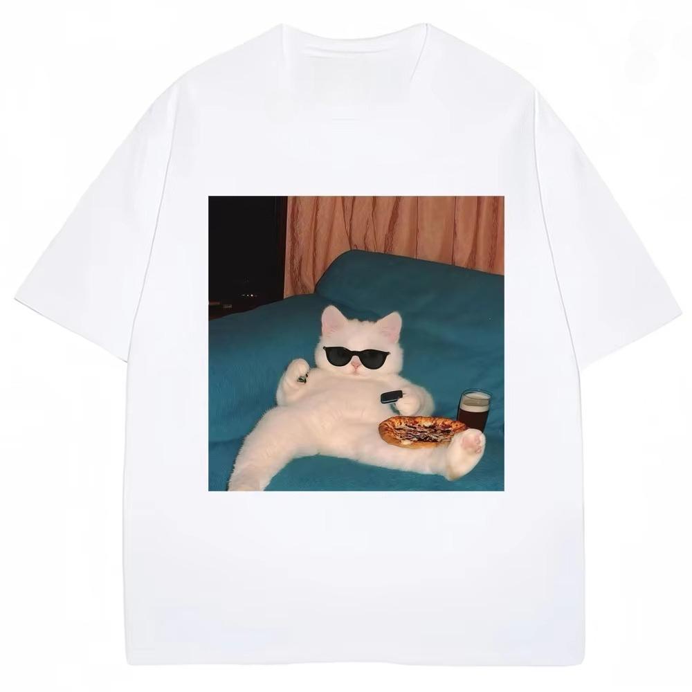 HOT SALE Funny Glasses Cat and Pizza Meme T-shirt Men Women Creativity Fashion Kawaii T Shirts Loose Cotton Casual Tees Cat