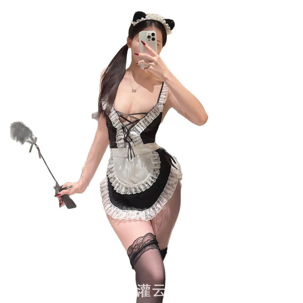 Sexy Lingerie Suspender Lace Seduction Sex Maid Lace Up Naughty Maid Role Uniform Lingerie