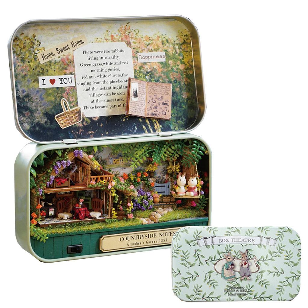 Moin Moin Miniature Dollhouse DIY Kit Set Rabbit Living In a Trinket Box Series Perfect for and Educational Activities Includes LED Light and Stand