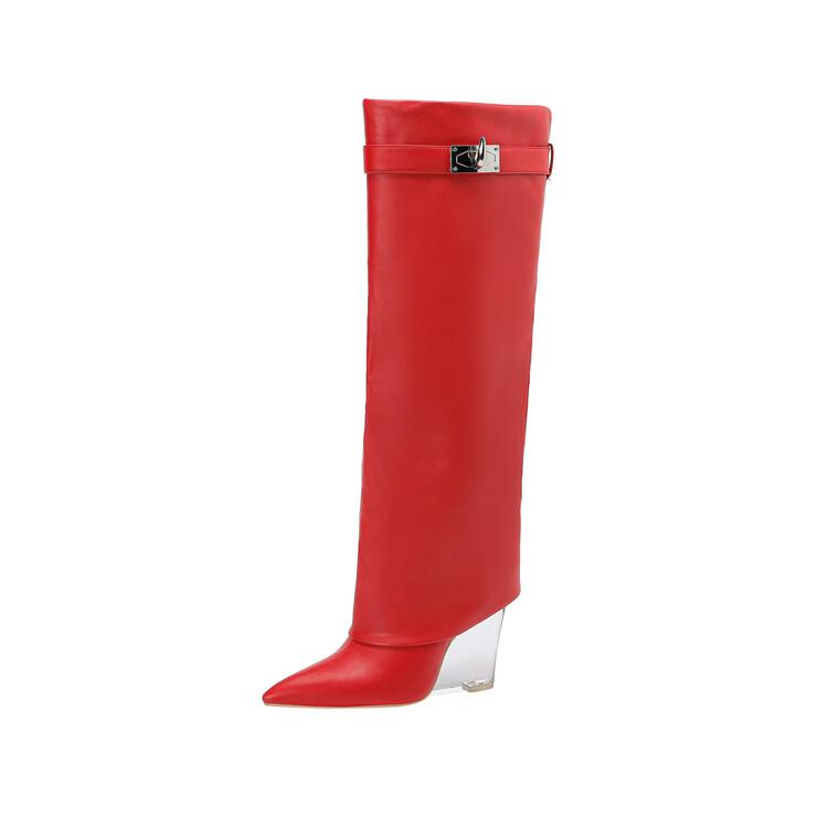Fashion New Crystal Slope Belt Buckle Decorative Skirts Boots Fashion High Heels Black Red Size 34-43 Knee High Boots Winter Women Shoes