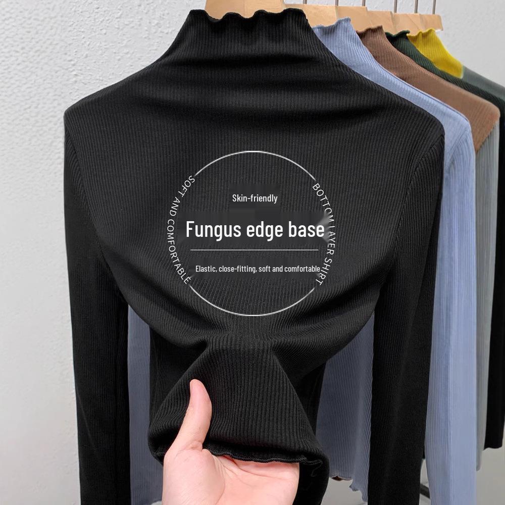 Women's Slim Fit Black Modal Long-Sleeve Mid-Neck Top for Autumn/Winter