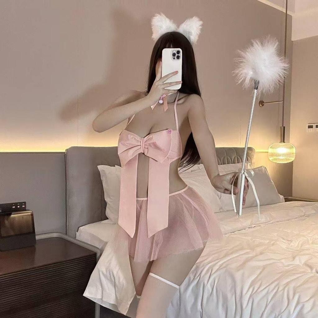 Sex Underwear Big Bow Hanging Neck Three-point Hollow Shawl Mesh Skirt Perspective Lace-up Fairy