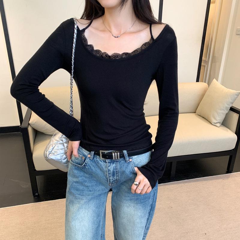 

Женская осенне-зимняя 2025 года Базовая футболка с кружевной отделкой, имитирующая двойку Small