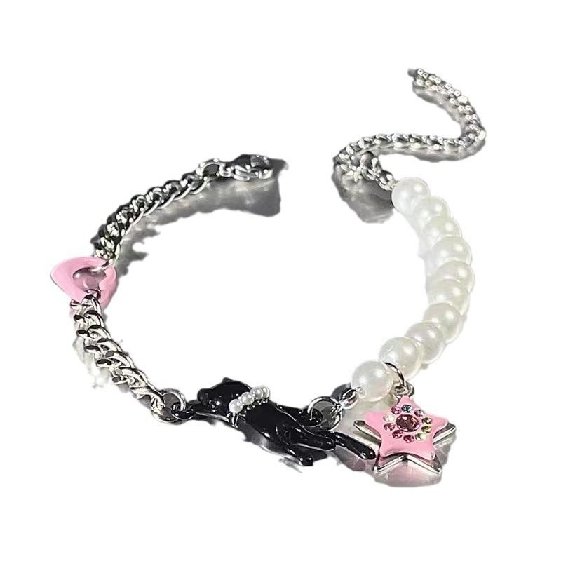 Cute Pearl Y2k Inlaid Black Cat Star Bracelet Stylish Summer Jewelry Women For